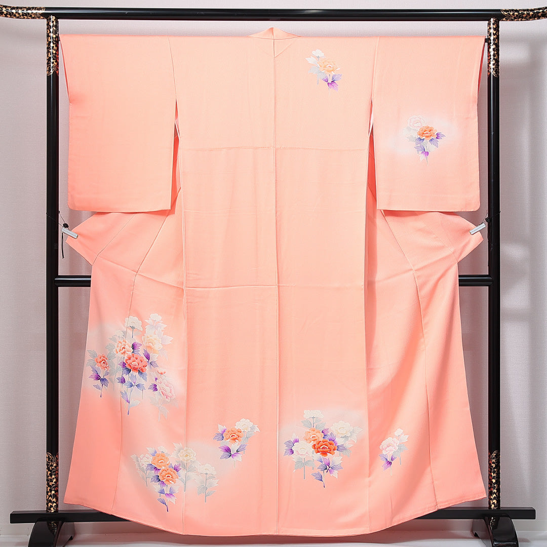 訪問着 袷 身丈159cm 裄丈65cm 正絹 Sランク Mサイズ 広衿 セミフォーマル 牡丹 朱系 1212-14956