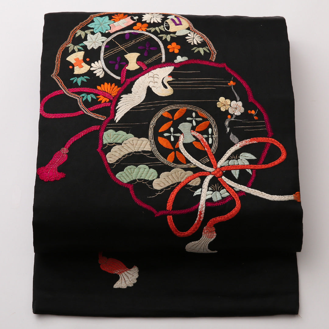 アンティーク 名古屋帯 六通 帯丈333cm Aランク リバーシブル 正絹 刺繍 雪輪 鶴 吉祥文様 黒系 1224-02327