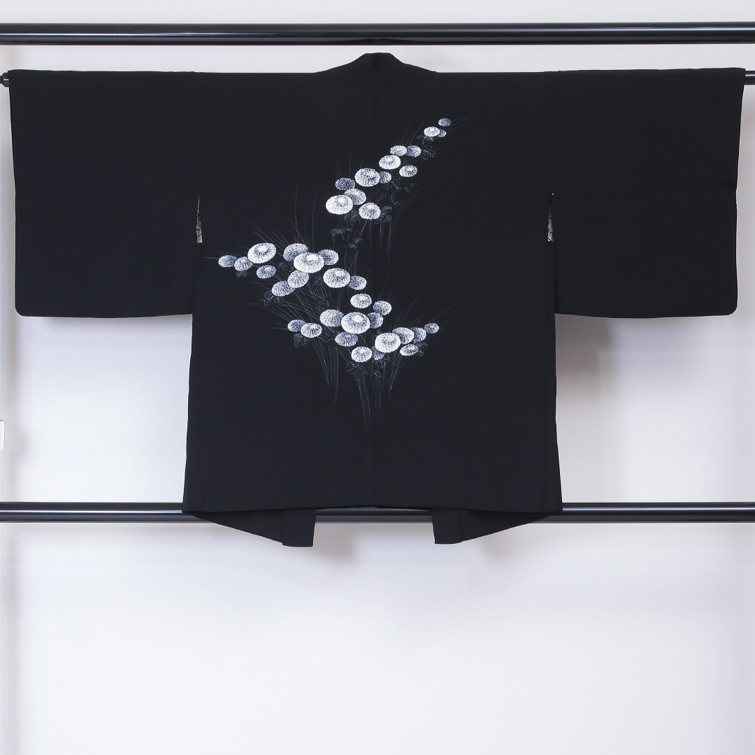 黒羽織 羽織 身丈79cm 裄丈64.5cm M 正絹 絵羽羽織 紫陽花 黒系 Sランク 1217-00444
