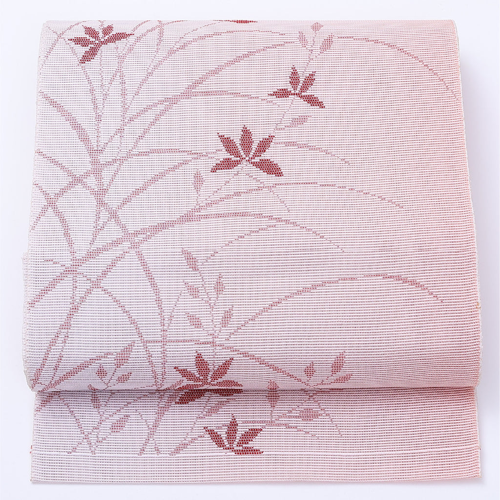 帯】八寸名古屋帯 ベージュ地に黄系統のアラベスク文様 全通 くずれ 