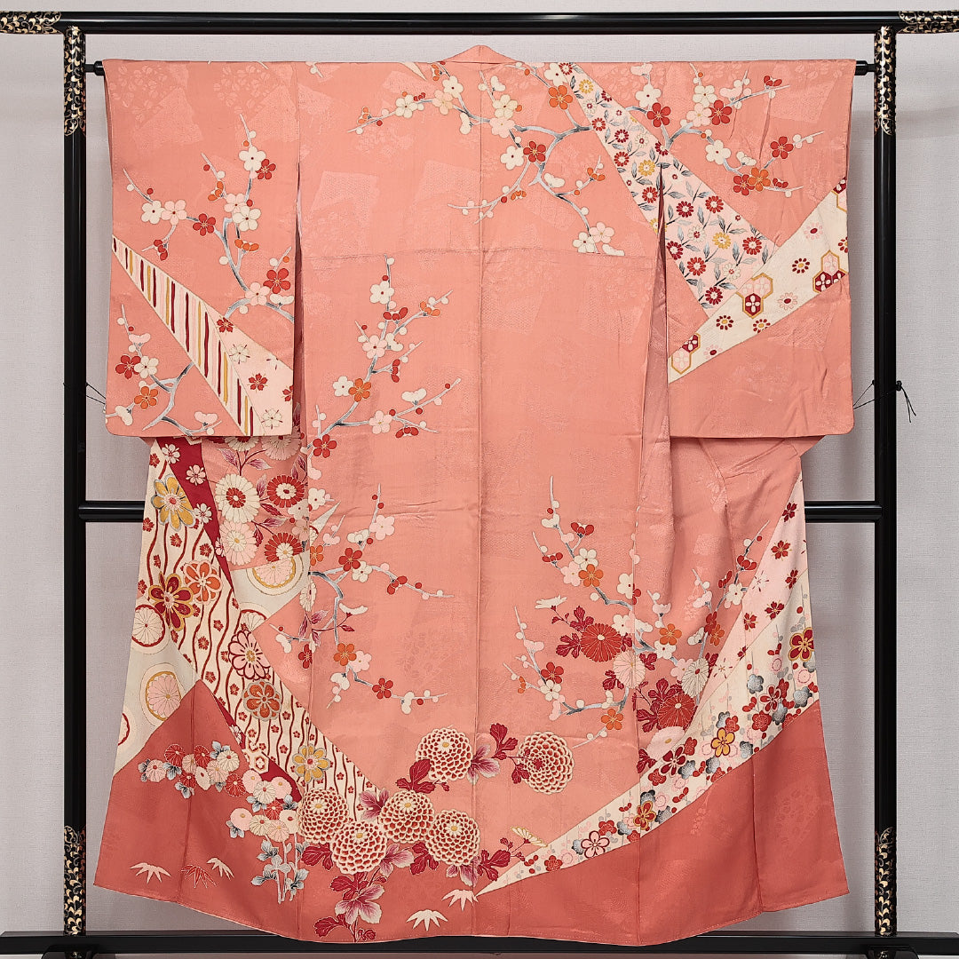 アンティーク 訪問着 (錦紗) 袷 身丈152cm 裄丈62cm 正絹 Aランク バチ衿 Sサイズ 吉祥文様 ピンク系 M4 1217-14233
