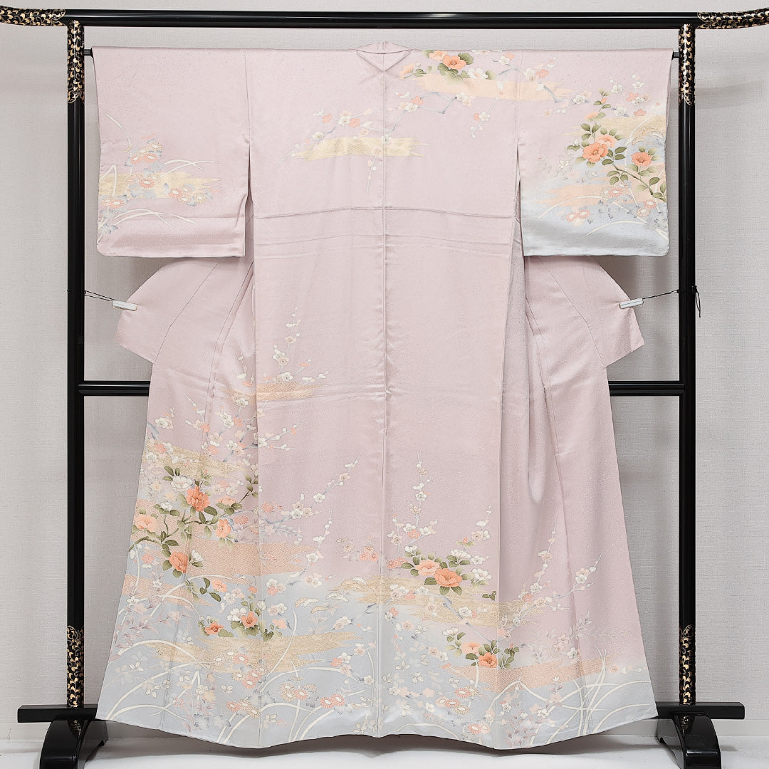 訪問着 袷 身丈160cm 裄丈67cm Sランク 正絹 広衿 Lサイズ 一つ紋（向かい蝶） セミフォーマル 蘇州刺繍 金彩 吉祥文様 上品 華やか ピンク系 紫系 1212-14247