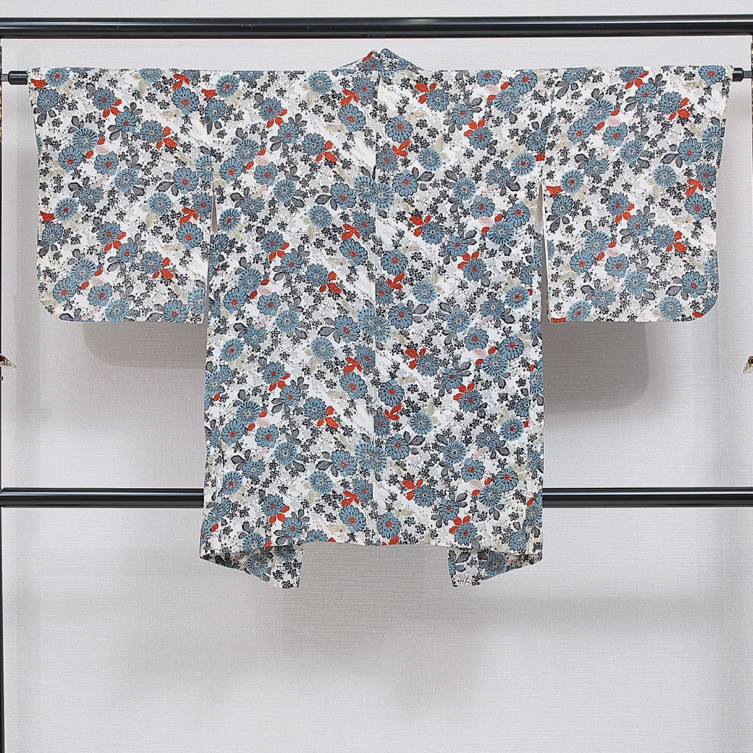 羽織 袷 身丈89cm 裄丈63cm 正絹 Bランク Sサイズ カジュアル 紐あり 菊 白系 多色系 1217-16157