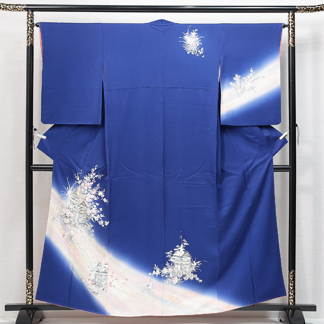 訪問着 袷 身丈158cm 裄丈63cm 正絹 Aランク セミフォーマル 広衿 Mサイズ ぼかし 花車 古典的 華やか 青系 RP 1217-14868
