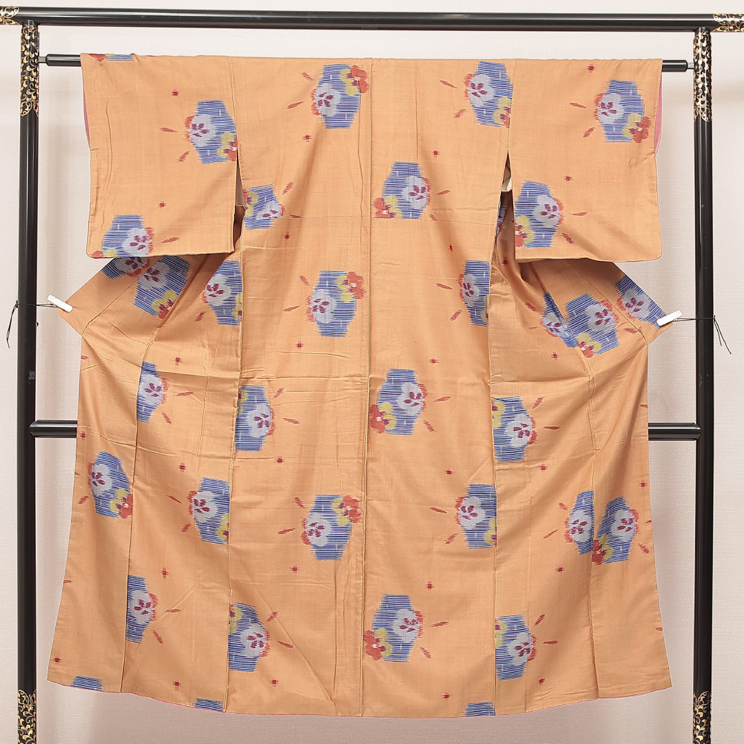 紬 ベージュ系 正絹 袷 梅 1223-16993 背面全体
