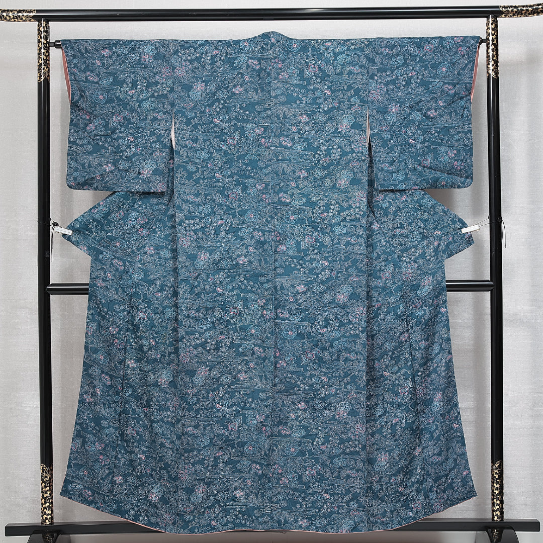 アンティーク 小紋 袷 身丈149cm 裄丈64cm 正絹 Aランク 広衿 XSサイズ 植物柄 青系 RP 1221-14794