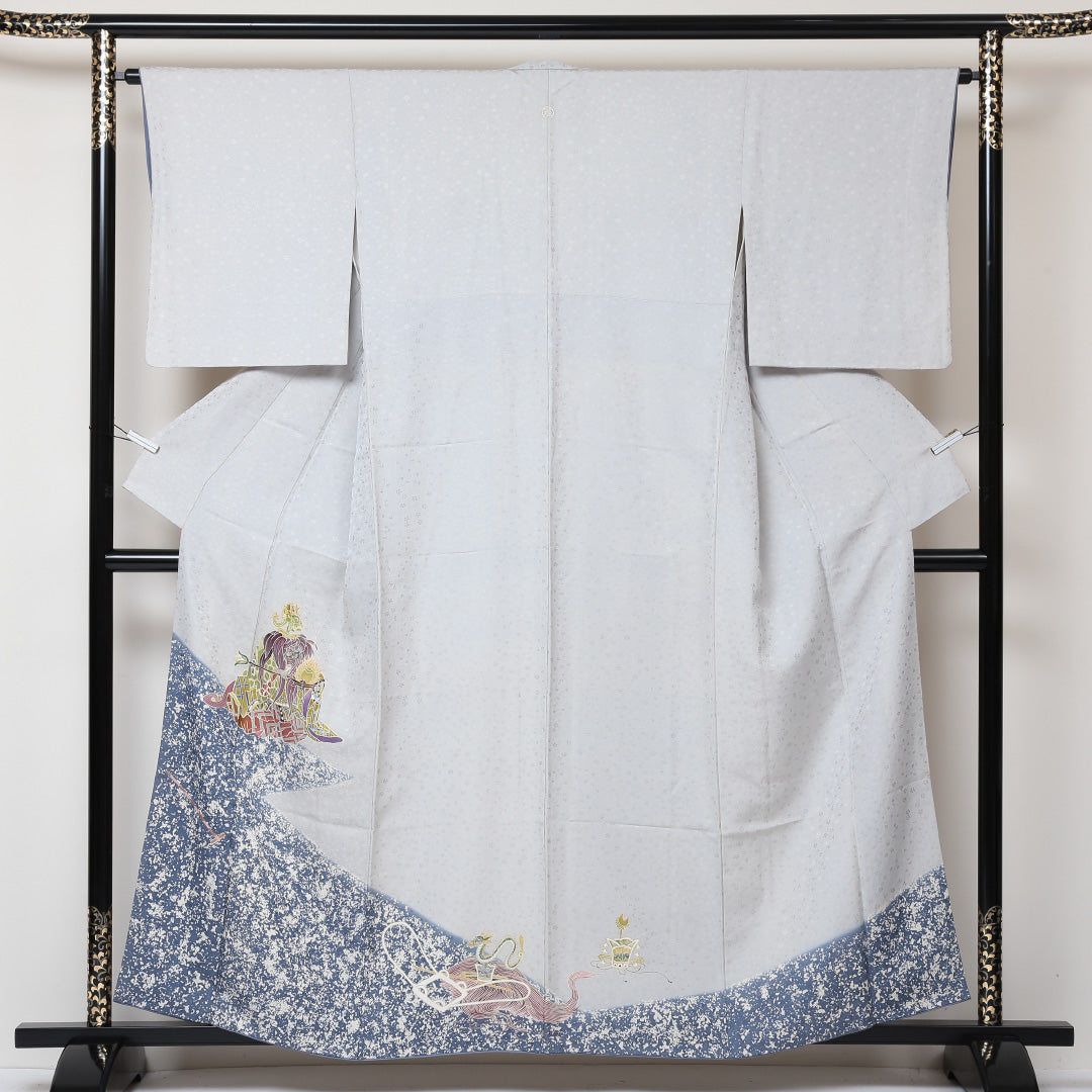 訪問着 袷 身丈157cm 裄丈64cm 正絹 Bランク 一つ紋 (丸に左三階松) セミフォーマル 広衿 Mサイズ 龍 グレー系 RP 1217-04367