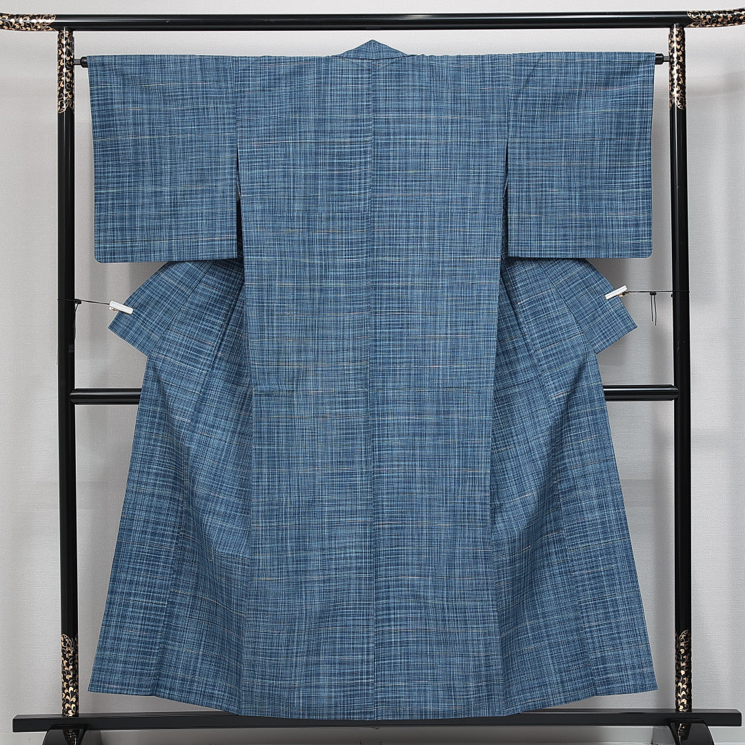 紬 単衣 身丈153cm 裄丈64cm 正絹 Aランク カジュアル 広衿 Sサイズ 格子 水色系 RP 1223-14728