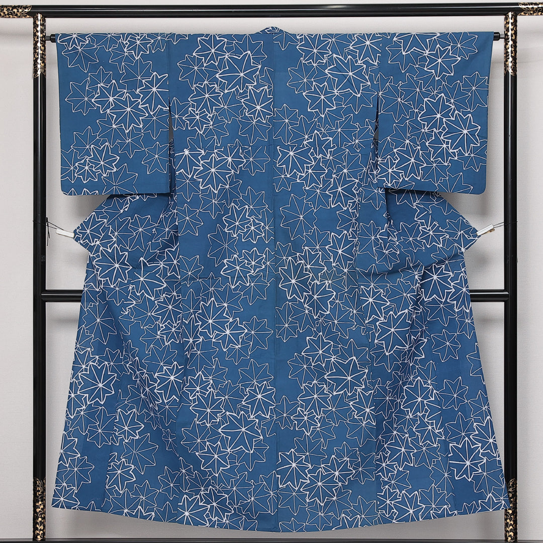 浴衣 夏物 洗える着物 身丈153cm 裄丈64cm Aランク 木綿 バチ衿 Sサイズ カジュアル 楓 古典的 爽やか 青系 1218-13635
