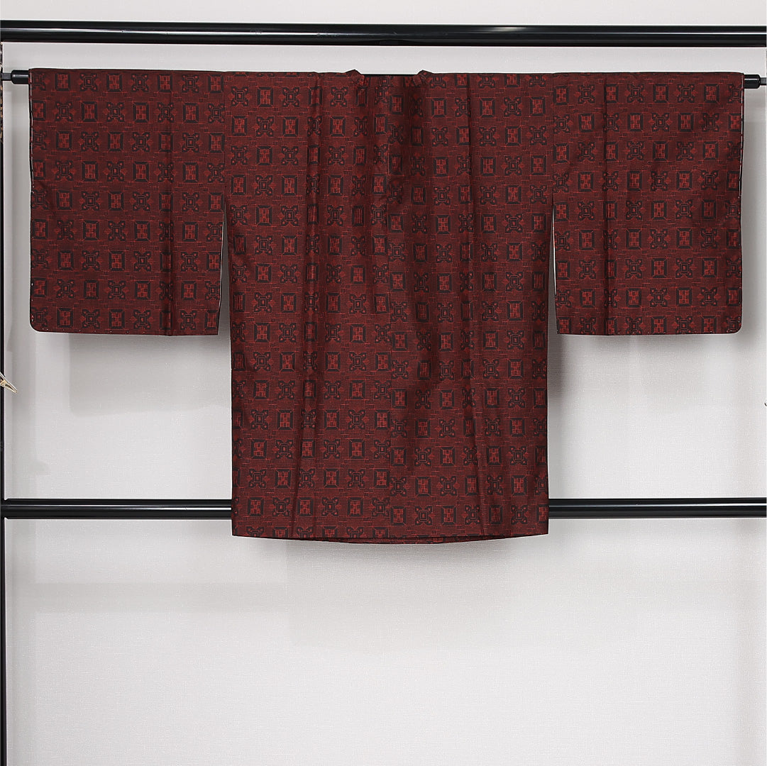 道行コート (大島紬) 袷 身丈83cm 裄丈65cm 正絹 Sランク インフォーマル Mサイズ 幾何学柄 茶系 RP 1237-12587