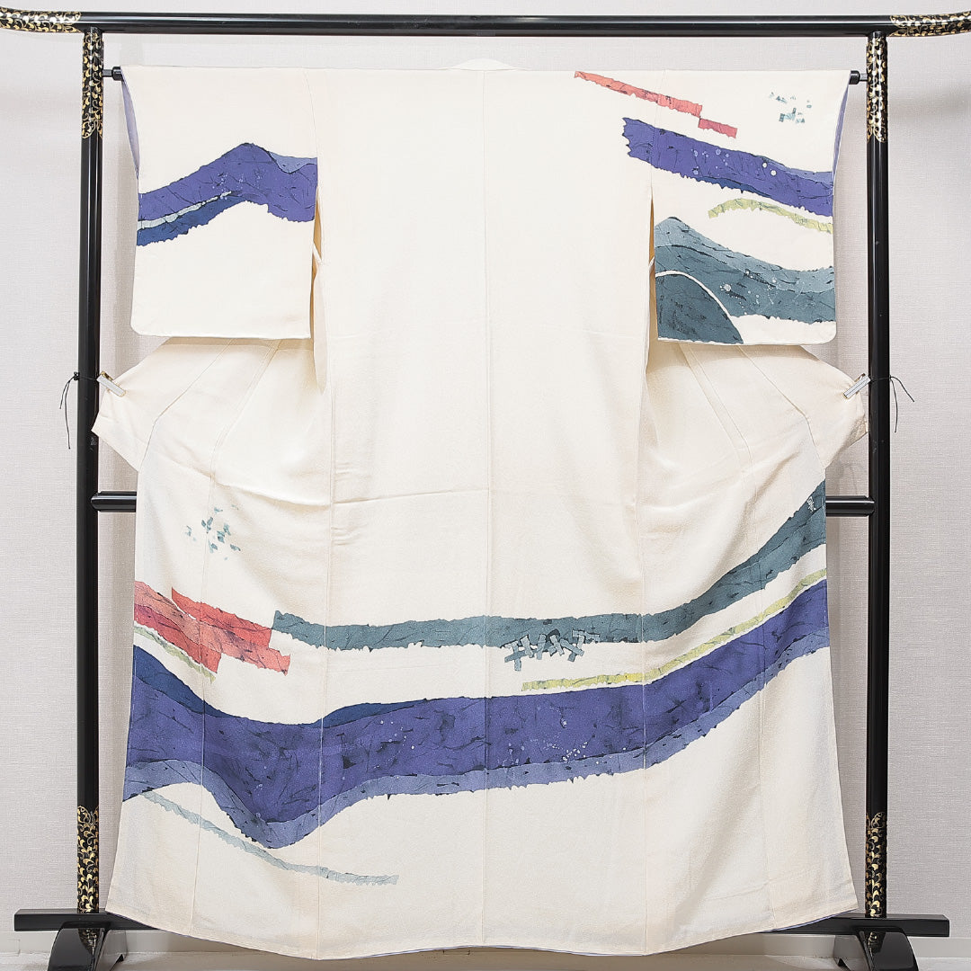 付下げ 袷 身丈162cm 裄丈63cm 正絹 Cランク Lサイズ 広衿 インフォーマル 創作柄 落款 クリーム系 1261-15659