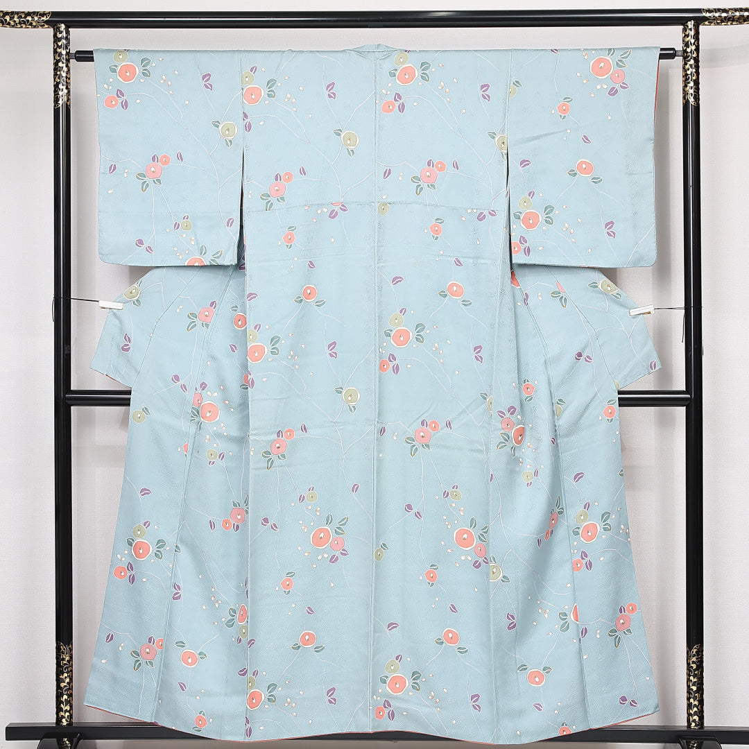 小紋 袷 身丈154cm 裄丈62.5cm Cランク 正絹 広衿 Sサイズ カジュアル 紋意匠 椿 琳派 水色系 上品 しとやか 1215-13226