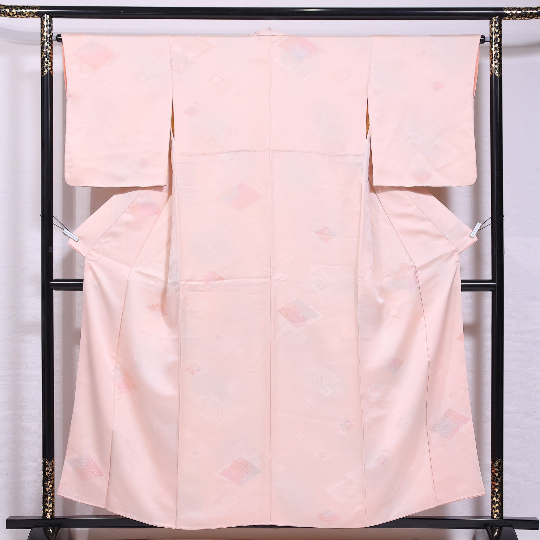 小紋 袷 身丈153cm 裄丈64cm 正絹 Cランク インフォーマル バチ衿 Sサイズ 色無地 松皮菱 ピンク系 LP 1221-11577