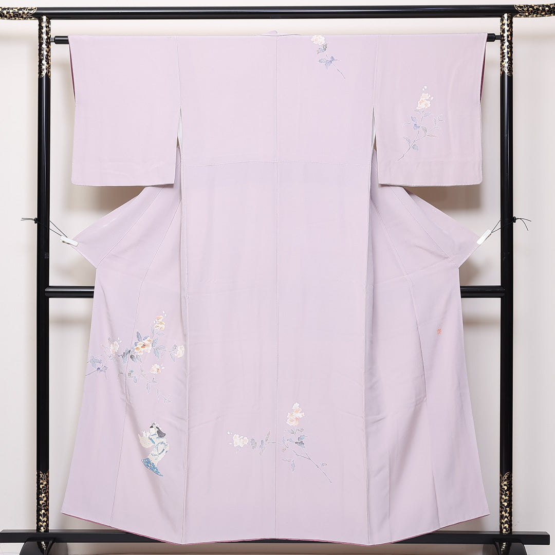 訪問着 袷 身丈154cm 裄63cm 正絹 人物 手描き 桜 作家物 落款 Bランク 1212-00720