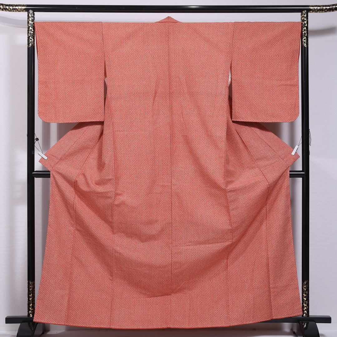 小紋 袷 身丈164cm 裄丈68cm 正絹 Aランク インフォーマル バチ衿 Lサイズ 麻の葉 朱系 HP 1221-11714
