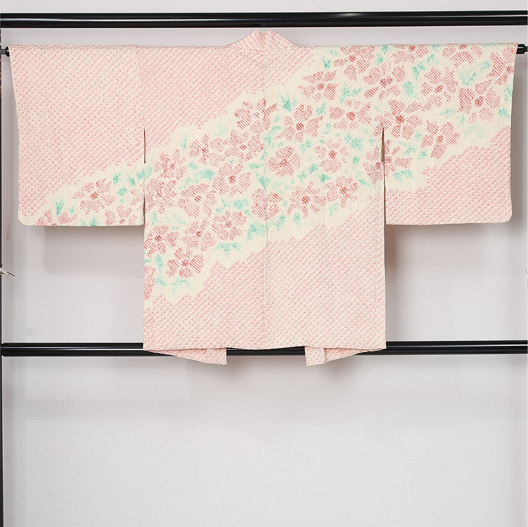 羽織 身丈80cm 裄丈65cm Sランク M ポリエステル 洗える着物 袷 フェミニン 絞り 花柄 総絞り カジュアル 白系 1217-12529