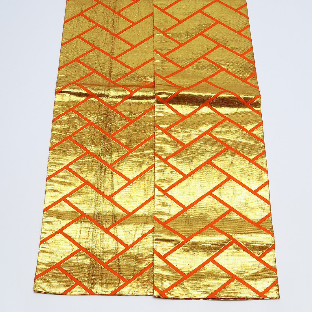 半幅帯 帯丈354cm Aランク カジュアル 全通 小袋帯 正絹 織り 網代柄 踊り帯 金系 1225-000591