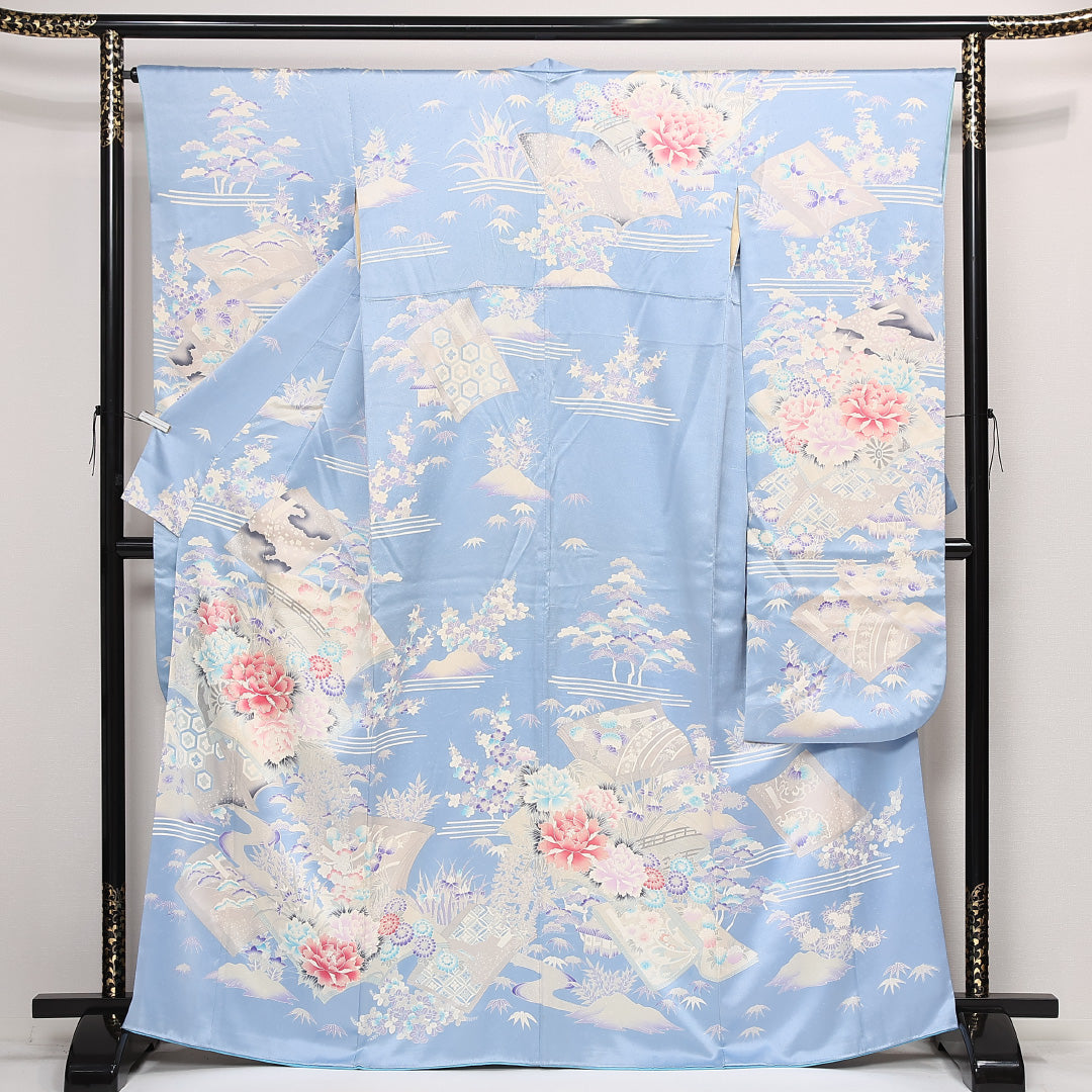 振袖 身丈165cm 裄丈66.5cm Aランク 正絹 袷 広衿 XL 銀駒刺繍 吉祥文様 牡丹 フォーマル 古典的 爽やか 水色系 1213-F0568
