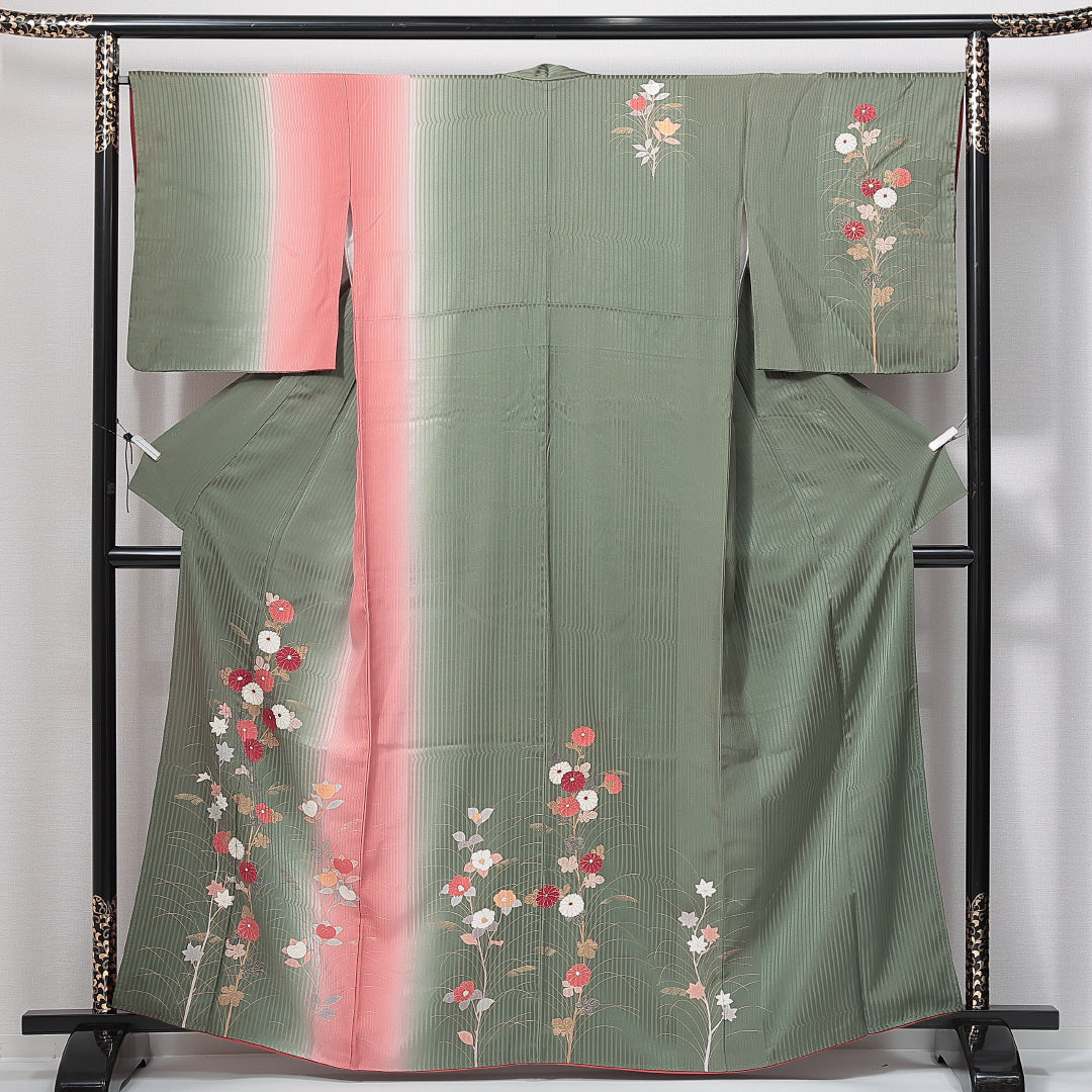 付下げ 袷 身丈160cm 裄丈65cm 正絹 Cランク Lサイズ 広衿 インフォーマル 菊 緑系 ピンク系 1261-14963