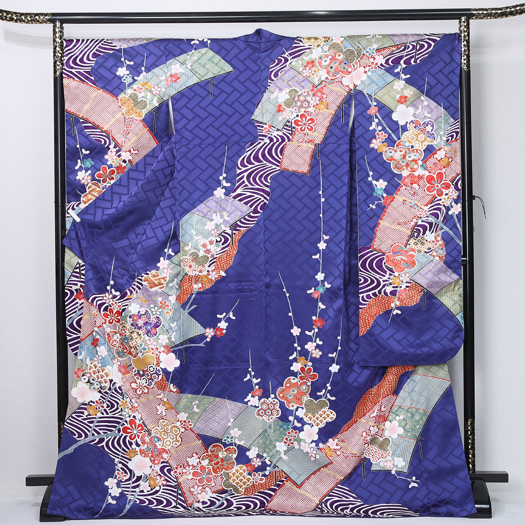 振袖 身丈174cm 裄丈70.5cm Sランク 正絹 袷 広衿 2XL 金駒刺繍 菊 松 フォーマル 古典的 華やか 青系 1213-F0473