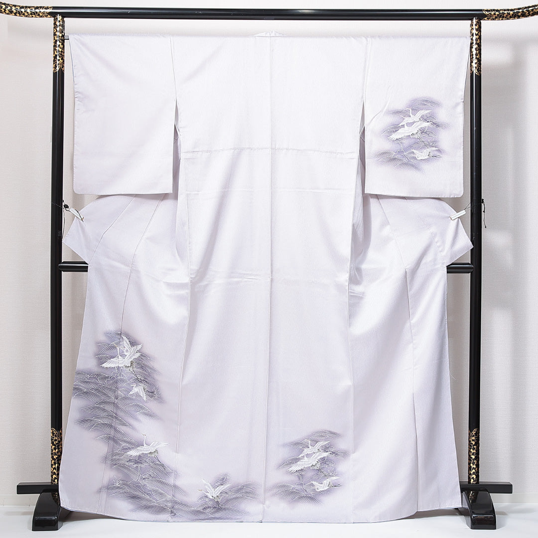 洗える着物 訪問着 袷 身丈168cm 裄丈64cm ポリエステル Sランク セミフォーマル 広衿 XLサイズ 鶴 松 グレー系 RP 1217-14978