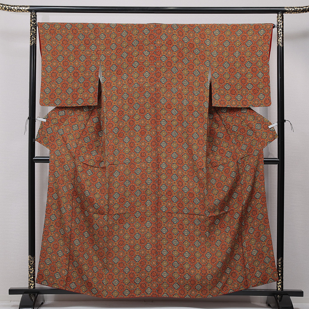小紋 袷 身丈159cm 裄丈66cm 正絹 Aランク インフォーマル 広衿 Mサイズ 唐華 茶系 RP 1221-15620