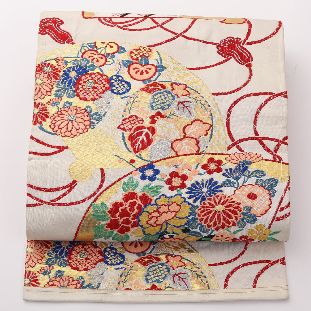アンティーク 名古屋帯 六通 帯丈325cm Aランク 正絹 吉祥文様 扇 白系 1224-02378