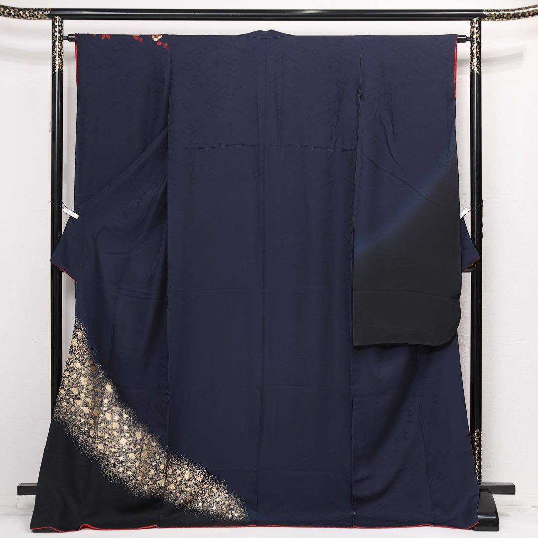 振袖 身丈177cm 裄丈64cm Sランク 正絹 袷 広衿 3XL 金彩 菊 松 フォーマル 華やか モダン 紺系 1213-F0570