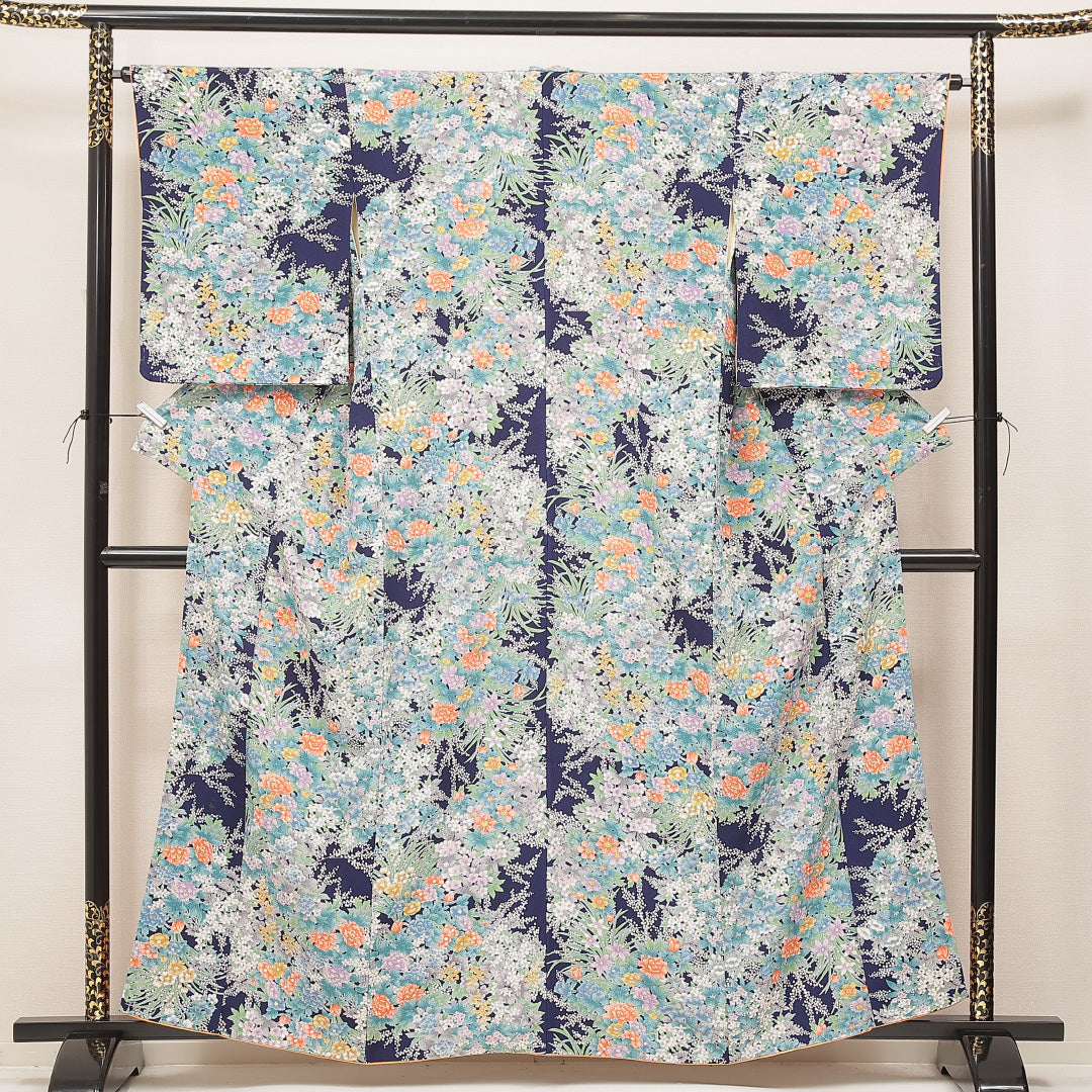 小紋 紺系 ポリエステル 袷 紫陽花 1221-16949 背面全体