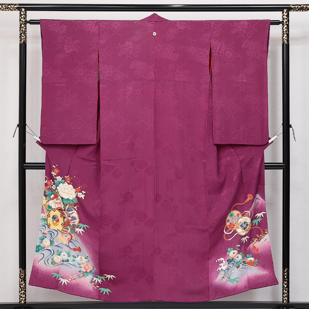アンティーク 色留袖 （錦紗） 一つ紋 三つ割り橘 身丈151cm 裄丈59cm Aランク 正絹 袷 バチ衿 S 四君子 鼓 古典的 伝統的 紫系 1211-F0628