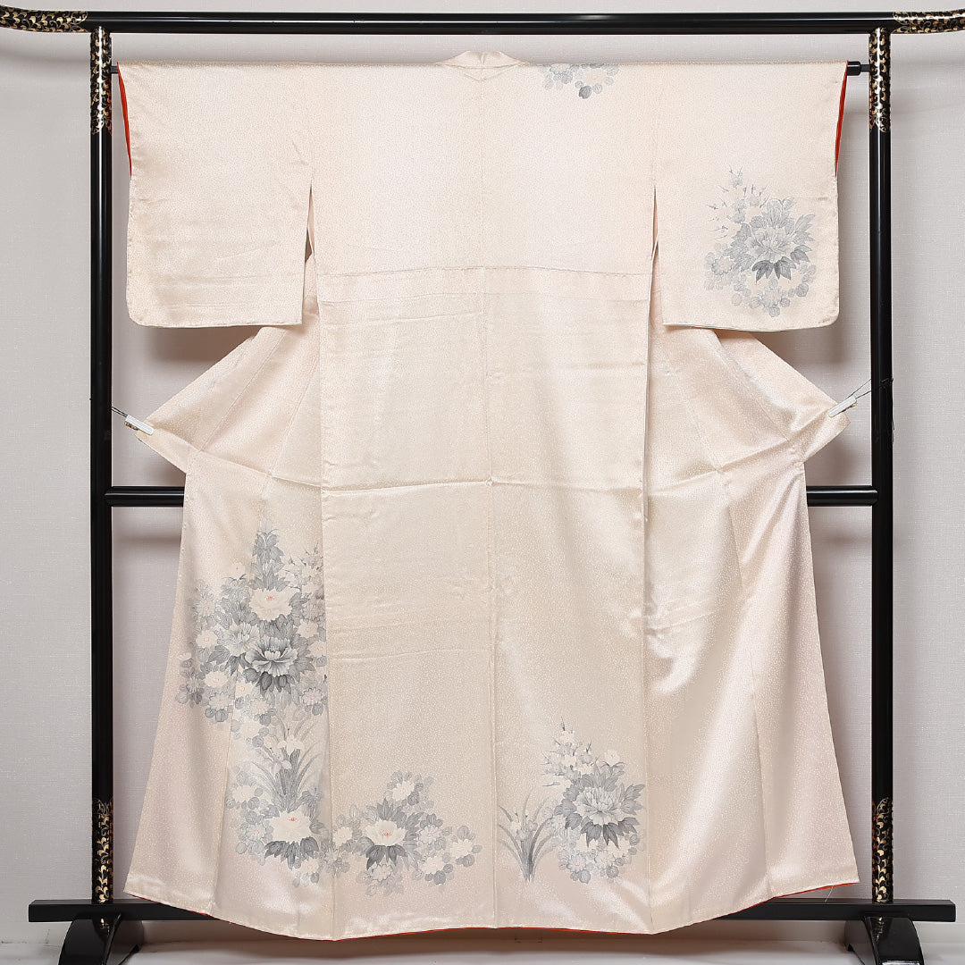 訪問着 袷 身丈150cm 裄丈65cm 正絹 Bランク セミフォーマル 広衿 Sサイズ 牡丹 ピンク系 RP 1217-13602