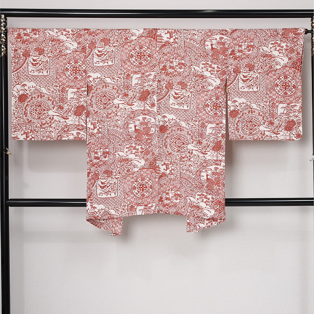 羽織 袷 身丈87cm 裄丈66cm 正絹 Sランク カジュアル Mサイズ 吉祥文様 赤系 RP 1232-12569