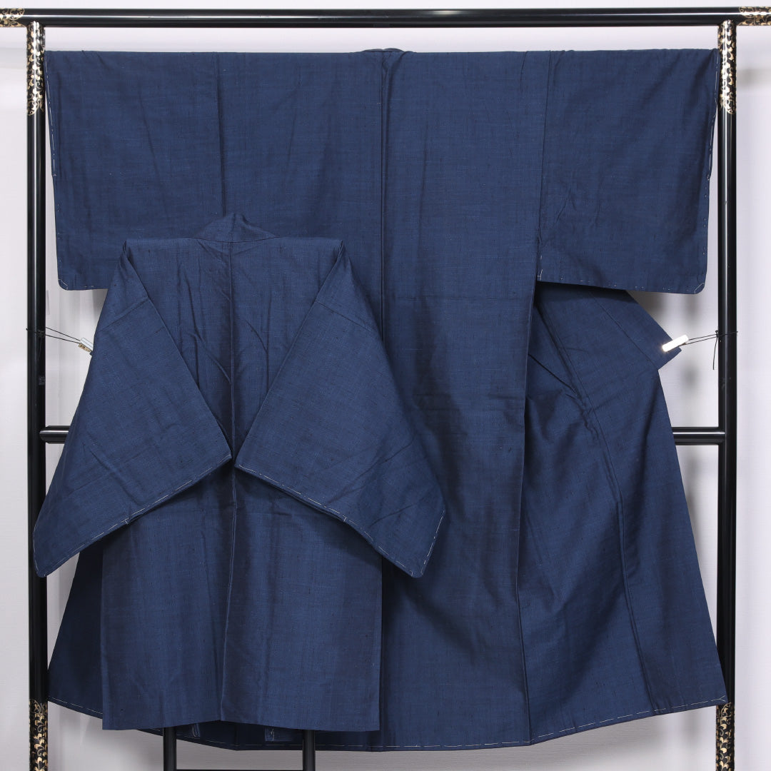 アンサンブル 男着物 袷 身丈142cm 裄丈68cm 正絹 Aランク カジュアル バチ衿 Mサイズ 風景柄 紺系 RP 1224-06287