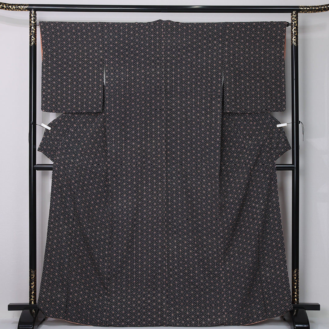 本場加賀友禅 小紋 身丈167cm 裄丈65cm Sランク XL 正絹 袷 広衿 金澤小紋 ちりめん 麻の葉 カジュアル 茶系 1215-12379