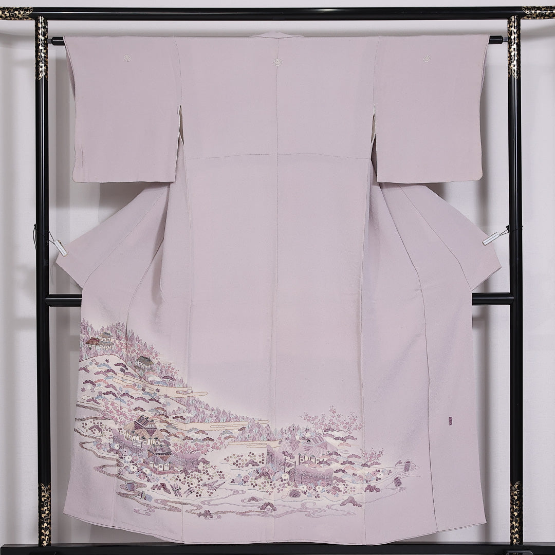 色留袖 五つ紋 身丈150cm 裄丈59cm Cランク 正絹 袷 広衿 S 金駒刺繡 茶屋辻 丸に三つ柏 鬼縮緬 フォーマル 紫系 1211-F0282