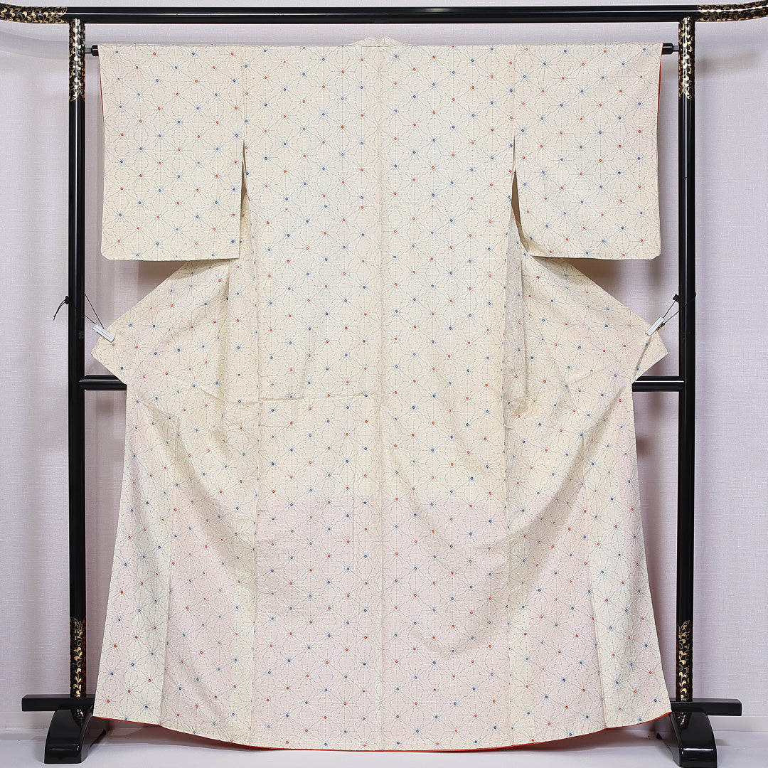 小紋 袷 身丈166cm 裄丈64cm 正絹 Aランク インフォーマル 広衿 XLサイズ 麻の葉 ベージュ系 RP 1221-11355