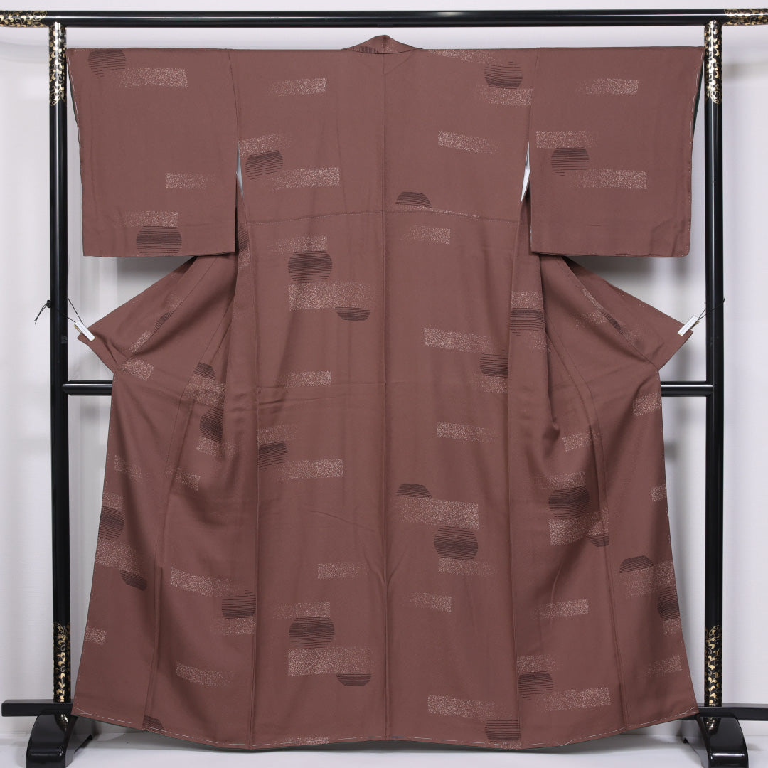 小紋 袷 身丈160cm 裄丈67cm 正絹 Aランク インフォーマル 広衿 Lサイズ 創作柄 茶系 RP 1221-11493