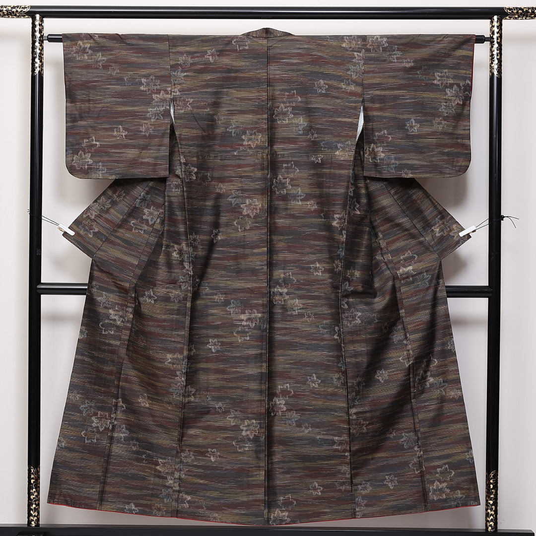 洗える着物 紬 袷 身丈152cm 裄丈62cm ポリエステル Sランク カジュアル 広衿 Sサイズ 紅葉 茶系 RP 1223-03852