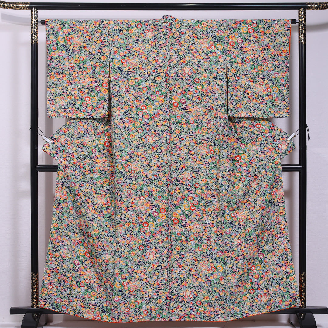 小紋 袷 身丈159cm 裄丈63cm 正絹 Sランク インフォーマル 広衿 Mサイズ 菊 植物柄 緑系 RP 1221-11747