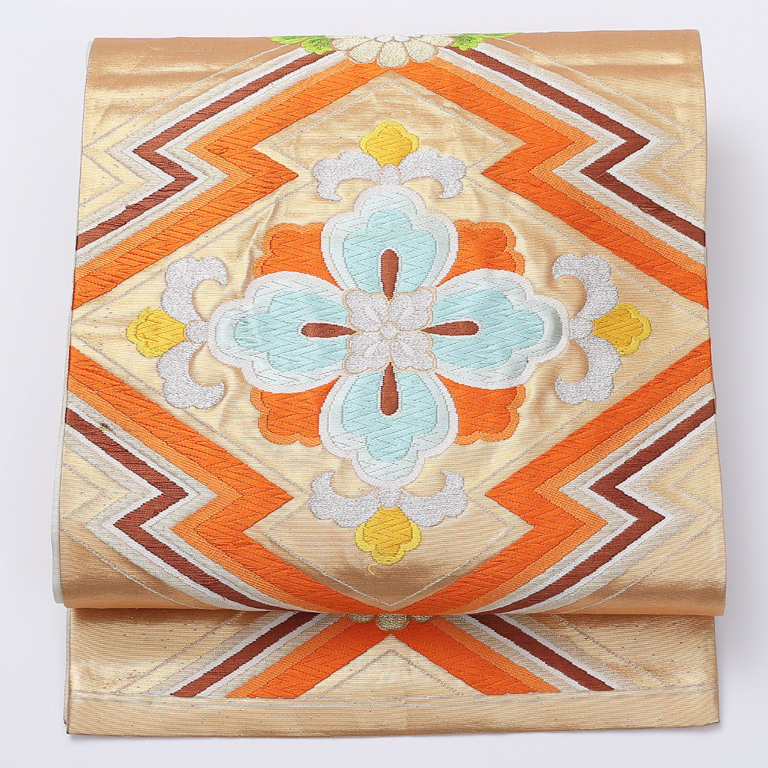 袋帯 帯丈424cm 六通 松皮菱 フォーマル 金系 正絹 Bランク 1223-00972