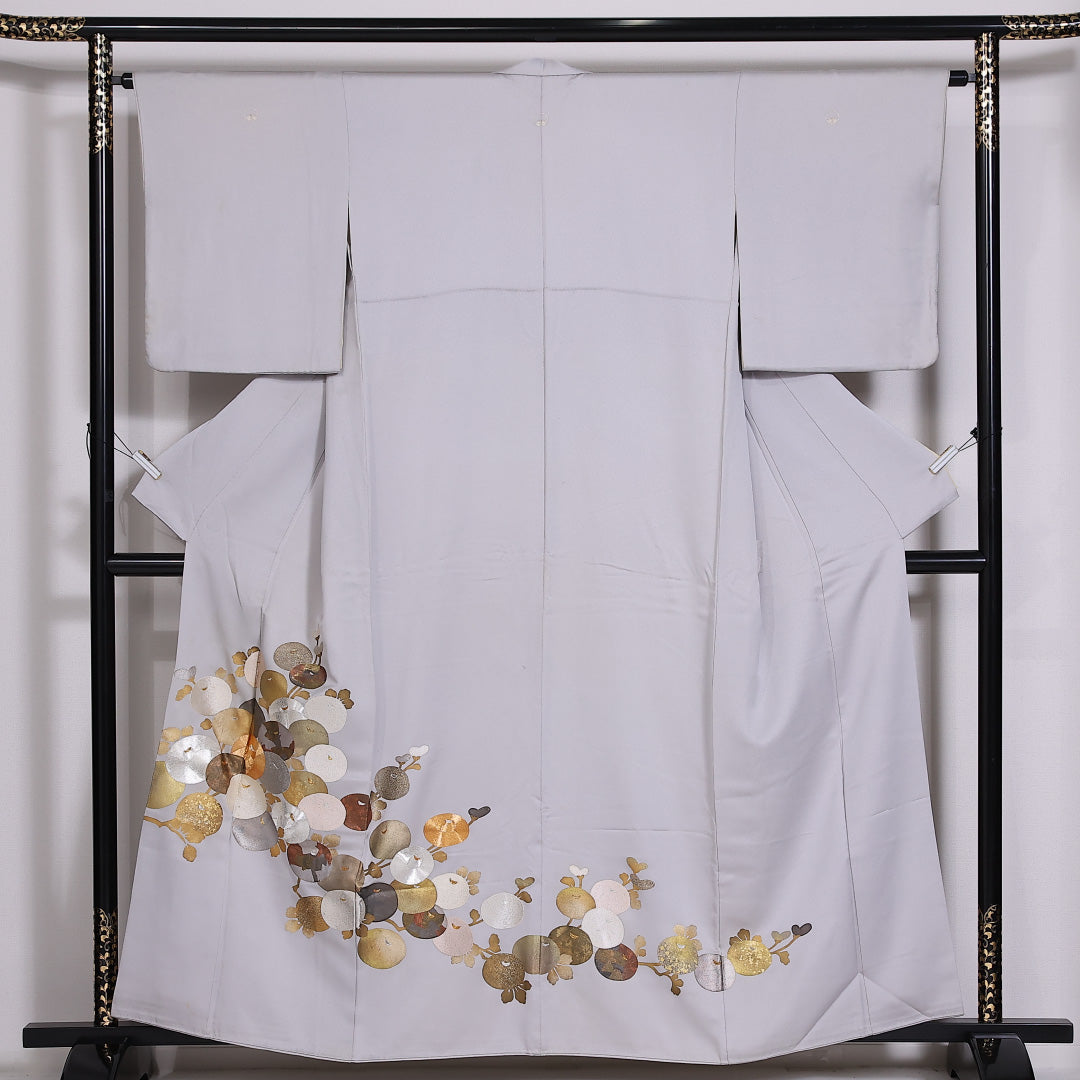 色留袖 五つ紋 身丈158cm 裄丈63cm Cランク 正絹 袷 比翼 広衿 M 金駒刺繡 名荷 フォーマル グレー系 1211-F0280