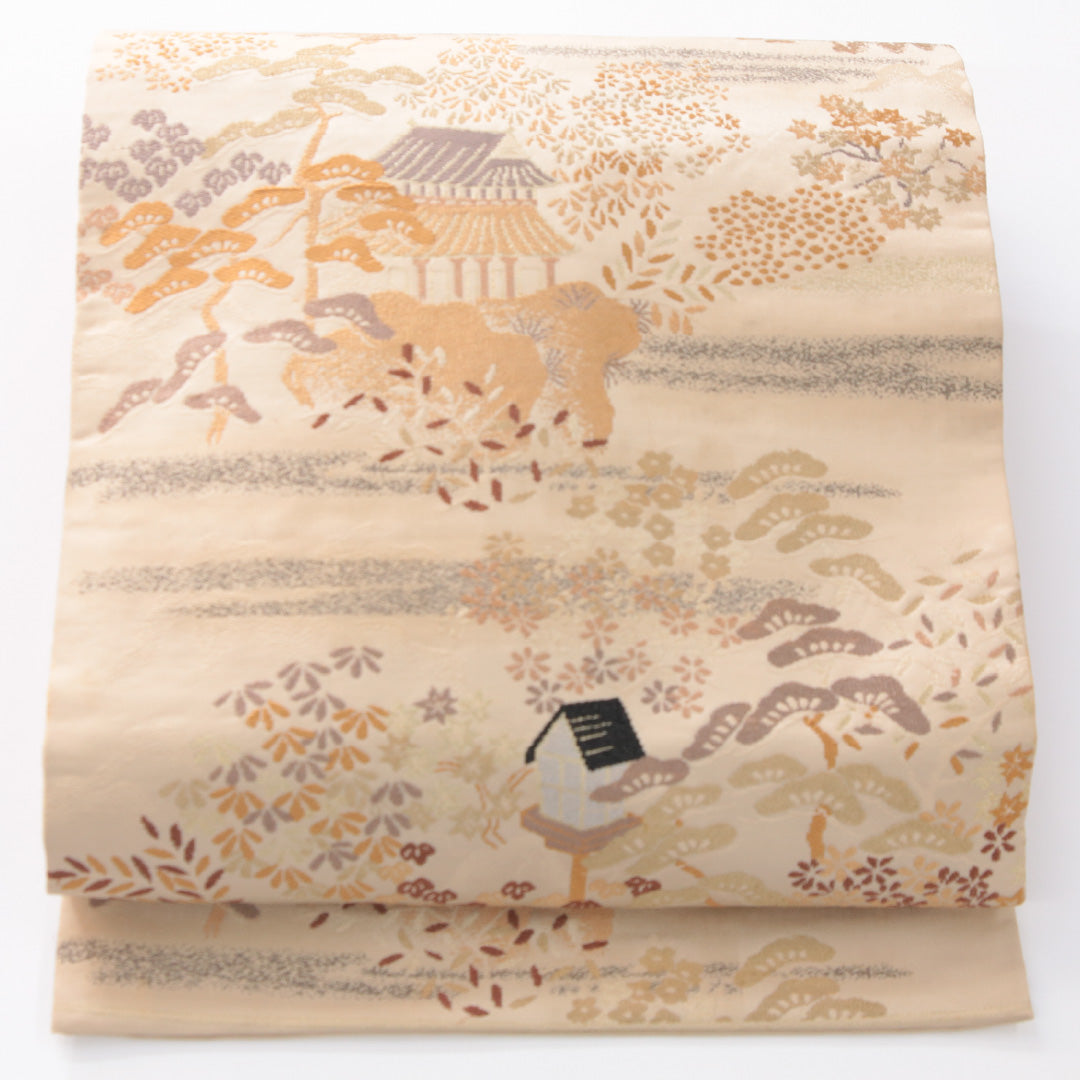 九寸名古屋帯 帯丈329cm セミフォーマル 名古屋仕立て 六通 未仕立て Cランク 正絹 茶屋辻 ベージュ系 1224-04144