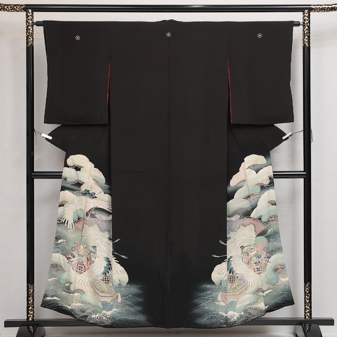 アンティーク 黒留袖 五つ紋 桔梗 身丈152cm 裄丈61cm Cランク 正絹 袷 広衿 S 小鼓 鶴 レトロ 華やか 黒系 1211-F0599