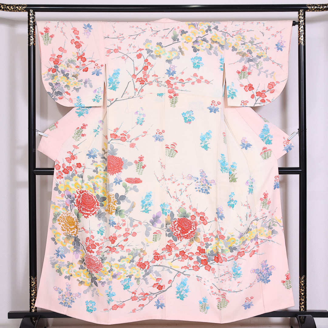 中古・リサイクル着物】 訪問着 友禅 桜 梅 菊 ピンク系 正絹 広衿 袷 身丈160cm 裄65.5cm Sランク しつけ糸 1212-00832  糸千花 (iChiKa WaSou) いちか