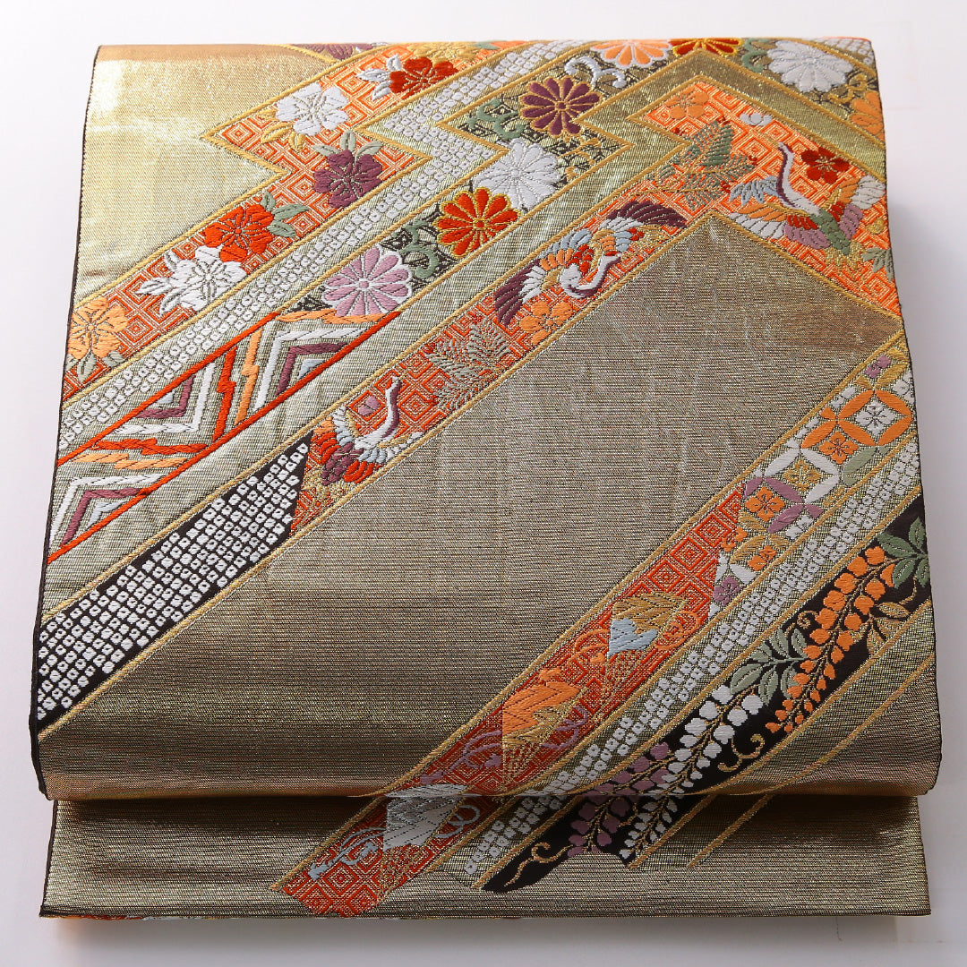 袋帯 帯丈438cm 正絹 六通 松皮重吉祥文 フォーマル 松皮菱 吉祥文様 金系 1243-02143