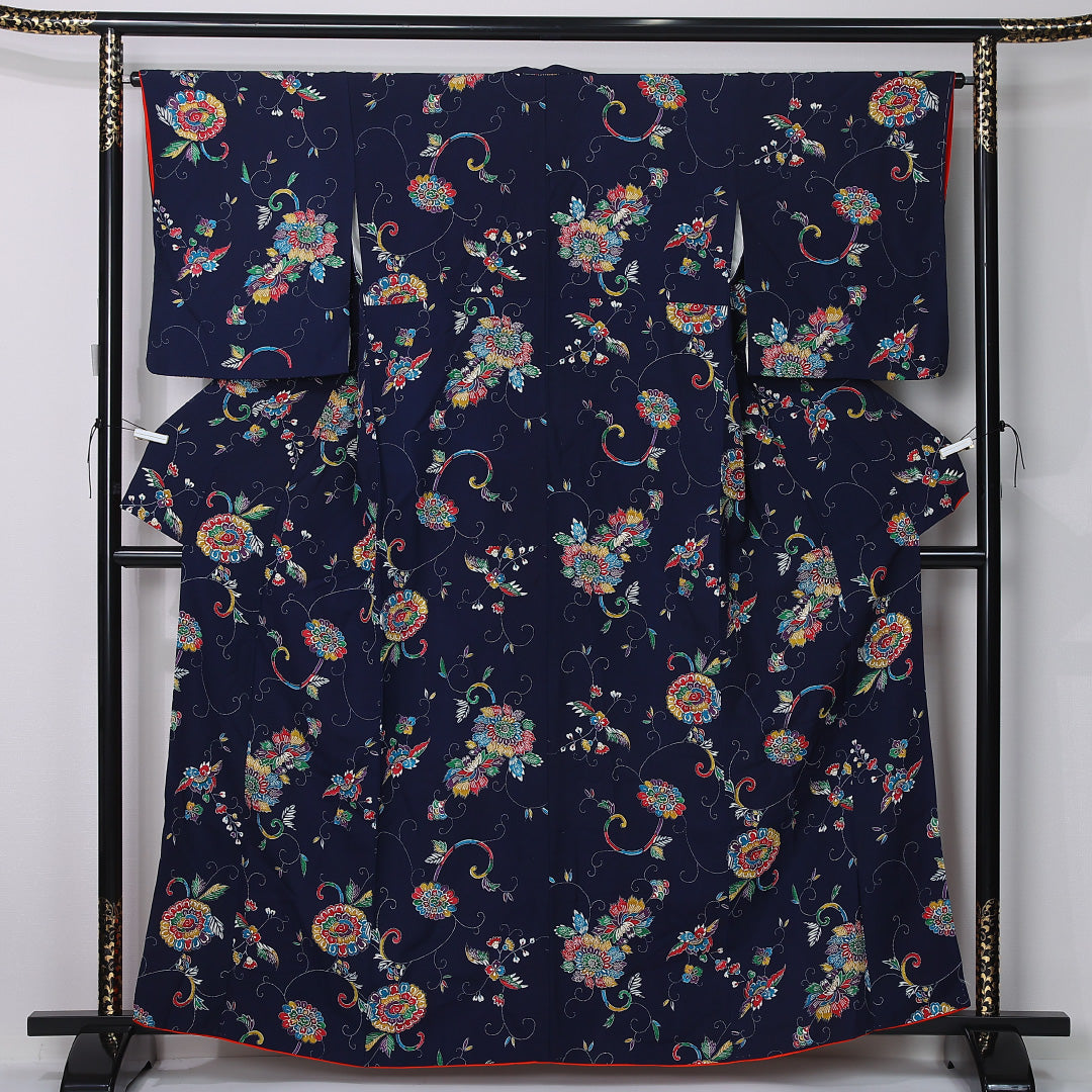 小紋 身丈162cm 裄丈65cm Sランク L 正絹 袷 広衿 菊 牡丹 カジュアル 紺系 1215-12374