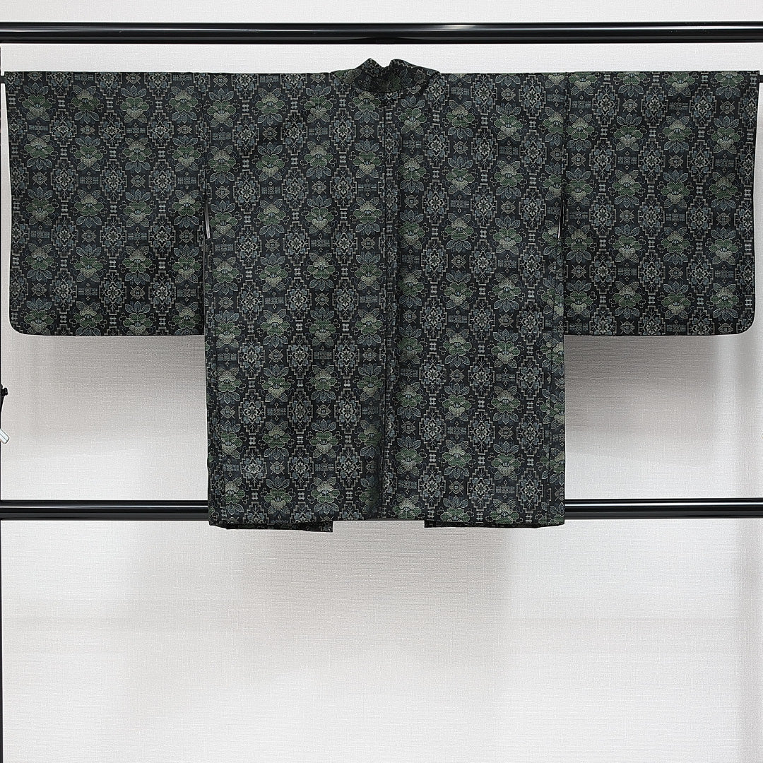 黒羽織 袷 身丈81cm 裄丈67cm 正絹 Sランク インフォーマル Mサイズ 花柄 黒系 RP 1233-14635