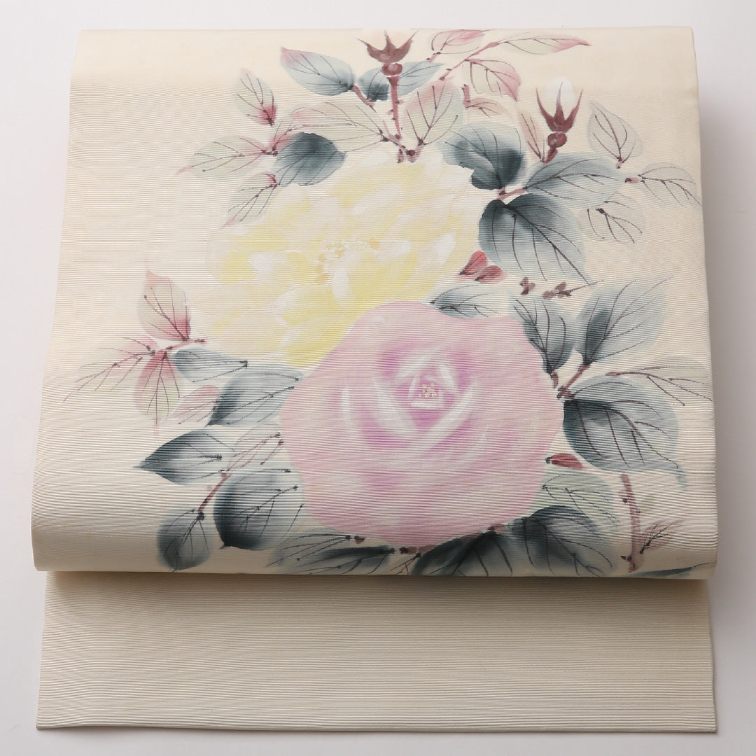 名古屋帯 ポイント柄 帯丈371cm カジュアル Cランク 正絹 塩瀬 薔薇 椿 クリーム系 1224-02319
