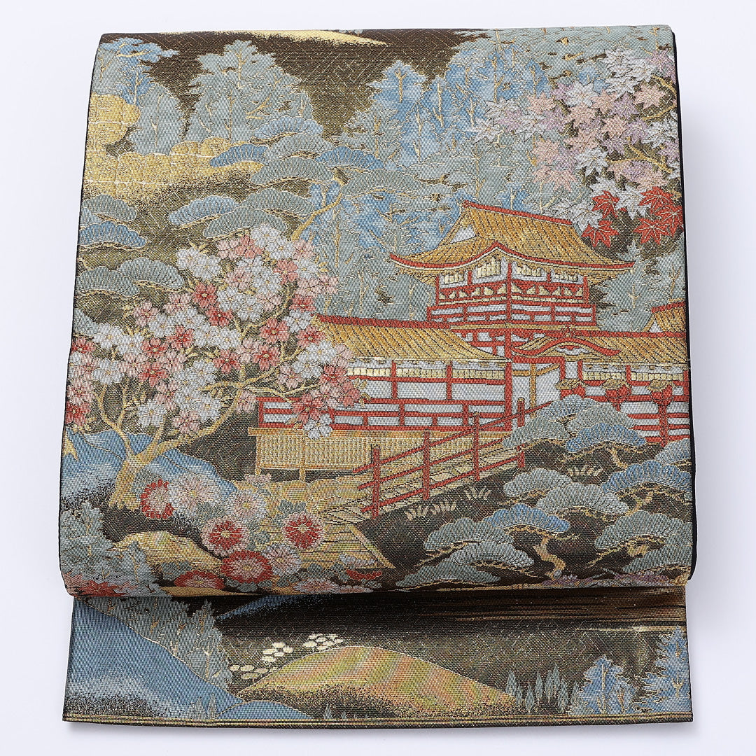 袋帯 帯丈436cm 六通 春日大社東西御廊 寺社仏閣 笠松 桜 紅葉 フォーマル 緑系 正絹 Sランク 1223-00957
