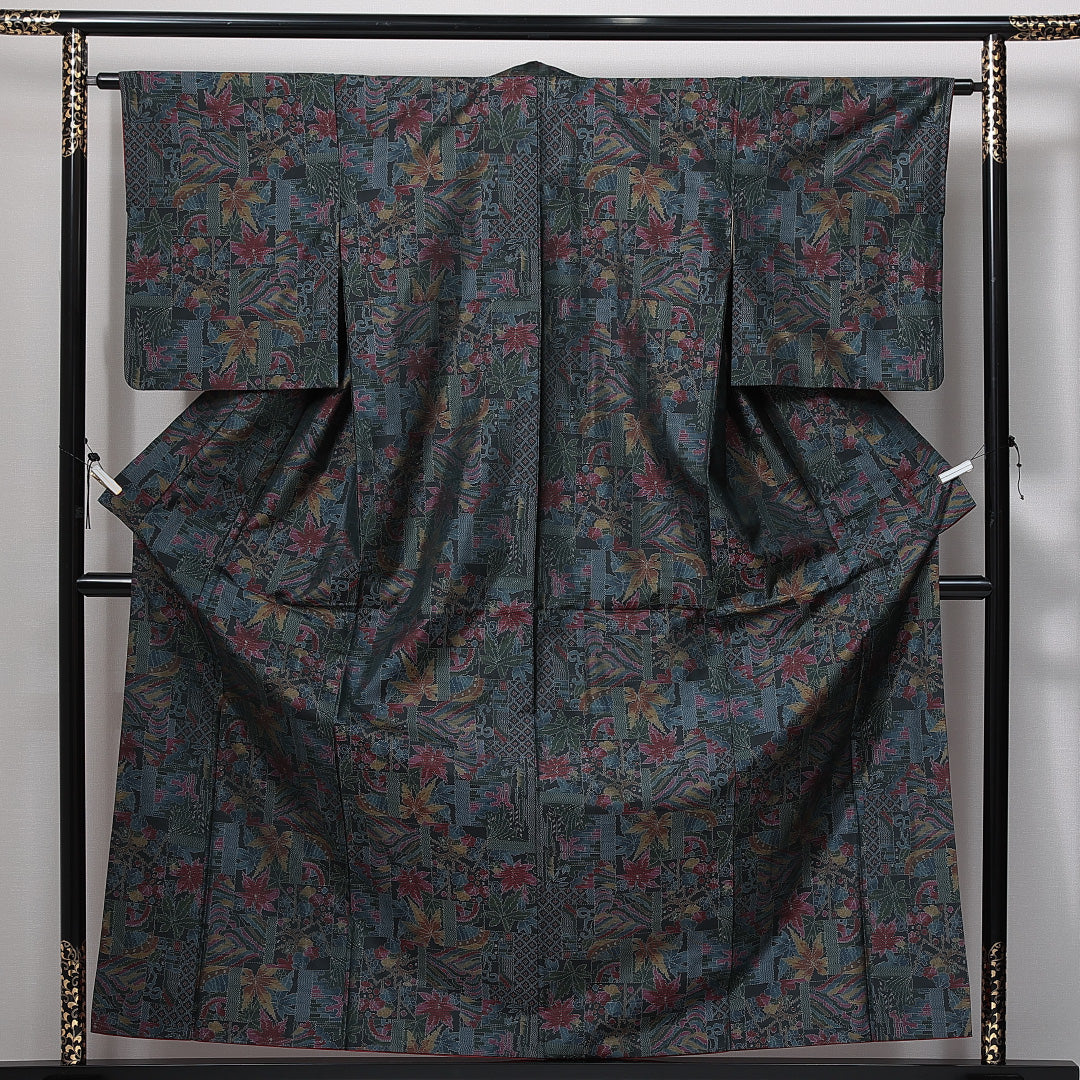 紬 洗える着物 袷 身丈159cm 裄丈62cm ポリエステル Sランク Mサイズ バチ衿 カジュアル 紅葉 多色系 1216-15000